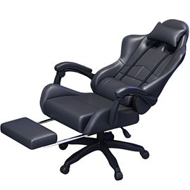 כסא גיימינג איכותי עם הדום נשלף לרגליים דגם PRO13 עם גב גבוה בצבע שחור מתצוגה ועודפים home-star