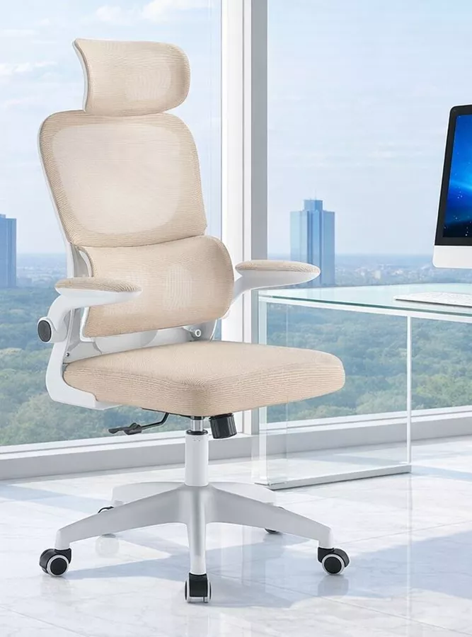 כסא מנהלים עם משענת גב וידיות מתכווננות דגם XP-40 צבע בז' לבן במכירה מוקדמת 14 ימי עסקים