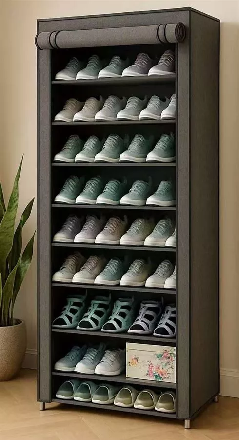 ארונית נעליים 9 קומות עם כיסוי בד מתצוגה ועודפים